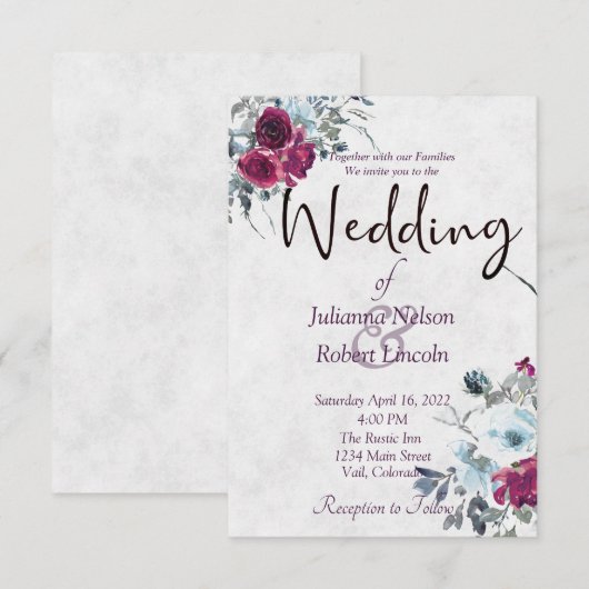 Bourgogne en blauwe waterverf florale bruiloft inv kaart (Voorkant / Achterkant)