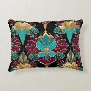 Bourgogne en blauwgroen art deco bloemen accent kussen