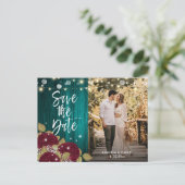 Bourgogne en Blauwgroen bruiloft sparen de Datum F Aankondigingskaart (Staand voorkant)