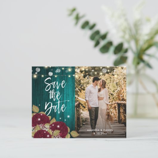 Bourgogne en Blauwgroen bruiloft sparen de Datum F Aankondigingskaart (Staand voorkant)