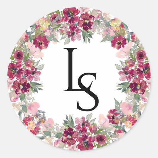 Bourgogne en bloedige Monogrammed bruiloft Ronde Sticker (Voorkant)