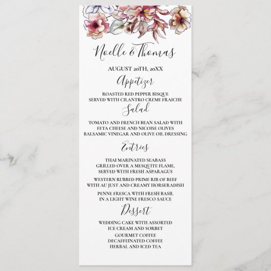 Bourgogne en Blue Floral Garland Wedding Menu (Voorkant)