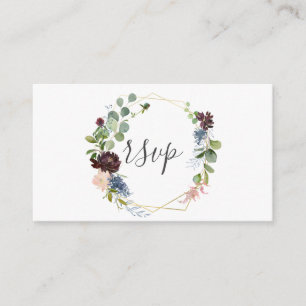 Bourgogne en Blue Floral Geometric Wedding RSVP Informatiekaartje