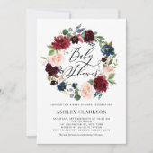 Bourgogne en Blue Floral Wreate Baby shower Kaart (Voorkant)