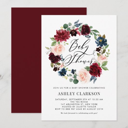 Bourgogne en Blue Floral Wreate Baby shower Kaart (Voorkant / Achterkant)