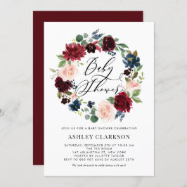 Bourgogne en Blue Floral Wreate Baby shower Kaart