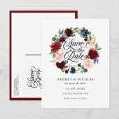 Bourgogne en Blue Floral Wreath Save the Date Aankondigingskaart (Voorkant / Achterkant)