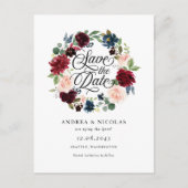 Bourgogne en Blue Floral Wreath Save the Date Aankondigingskaart (Voorkant)