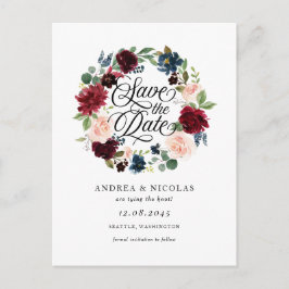 Bourgogne en Blue Floral Wreath Save the Date Aankondigingskaart
