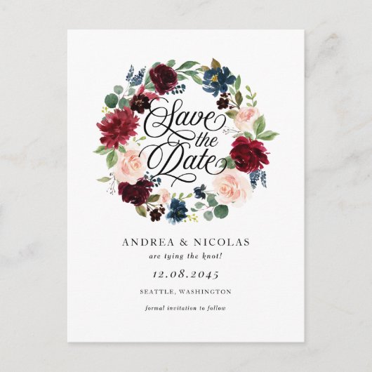 Bourgogne en Blue Floral Wreath Save the Date Aankondigingskaart (Voorkant)