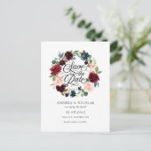 Bourgogne en Blue Floral Wreath Save the Date Aankondigingskaart (Staand voorkant)