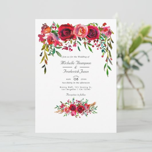 Bourgogne en Blush Floral QR Code RSVP Weddenschap Kaart (Staand voorkant)