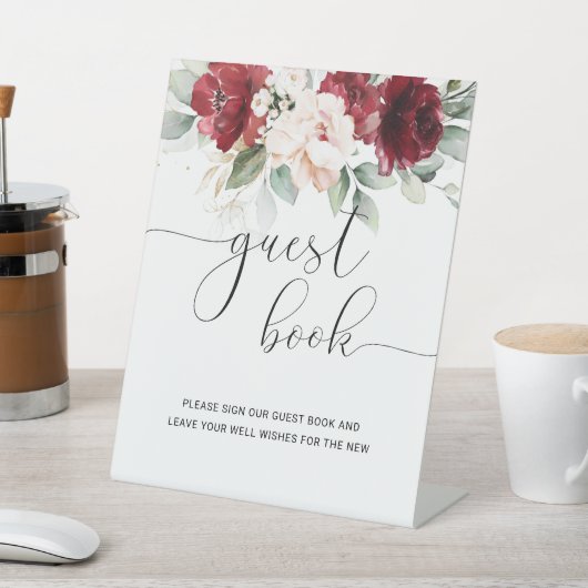 Bourgogne en Blush Pink Bloemen Gastboek Teken Reclamebord Met Voetstuk (Insitu)