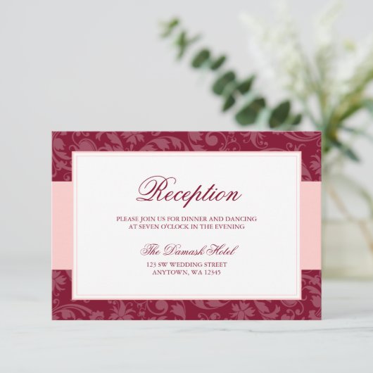 Bourgogne en Blush Pink Damask Swirl Receptie Informatiekaartje (Staand voorkant)
