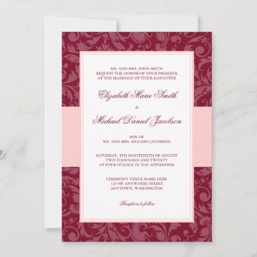 Bourgogne en Blush Pink Damask Swirl Wedding Kaart (Voorkant)