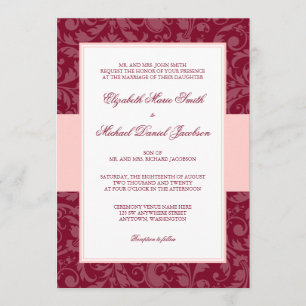 Bourgogne en Blush Pink Damask Swirl Wedding Kaart
