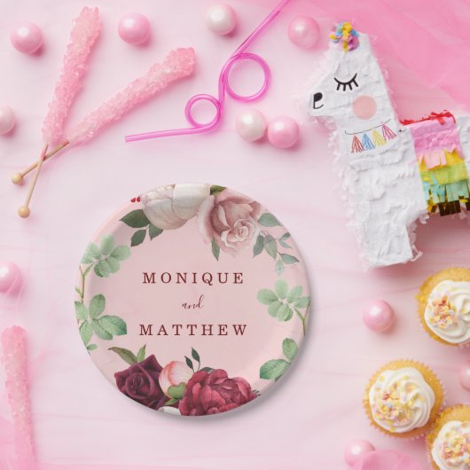 Bourgogne en Blush Pink Floral Bouquet Wedding Papieren Bordje (Feest)