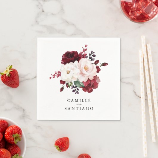 Bourgogne en Blush Pink Floral Wedding Paper Servet (Insitu)