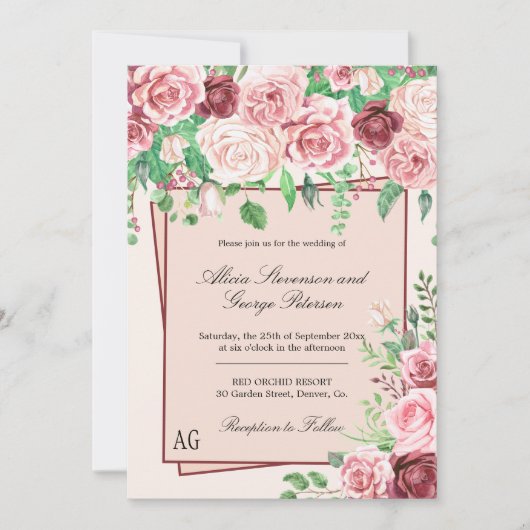 Bourgogne en Blush Pink Roses Monogram Weddenschap Kaart (Voorkant)
