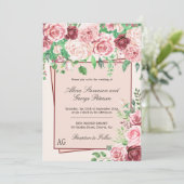 Bourgogne en Blush Pink Roses Monogram Weddenschap Kaart (Staand voorkant)