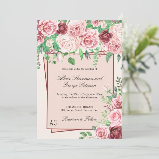 Bourgogne en Blush Pink Roses Monogram Weddenschap Kaart (Staand voorkant)