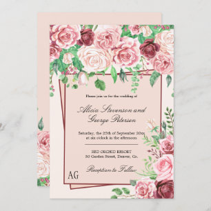 Bourgogne en Blush Pink Roses Monogram Weddenschap Kaart