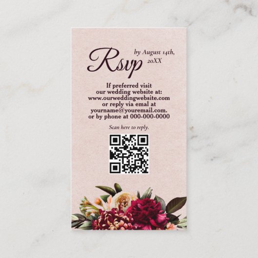 Bourgogne en Blush QR Code RSVP Informatiekaartje (Achterkant)