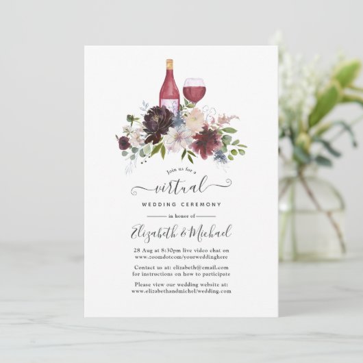 Bourgogne en Blush Wine met thema Virtual Wedding Kaart (Staand voorkant)