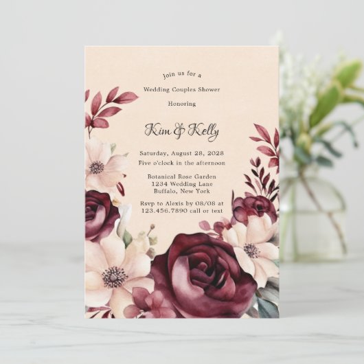 Bourgogne en Cream Rozen Bruiloft Koppels Douche Kaart (Staand voorkant)