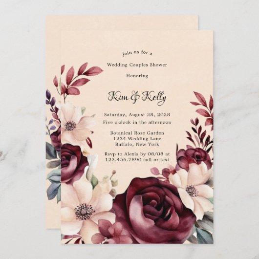 Bourgogne en Cream Rozen Bruiloft Koppels Douche Kaart (Voorkant / Achterkant)