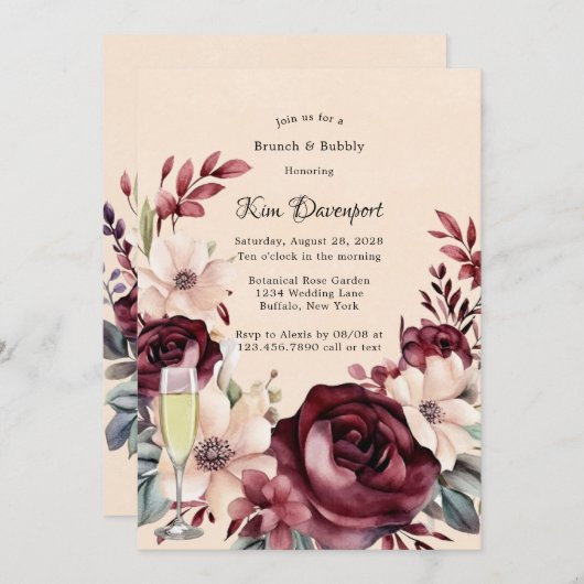 Bourgogne en Cream Rozen Brunch & Bubbly Kaart (Voorkant / Achterkant)