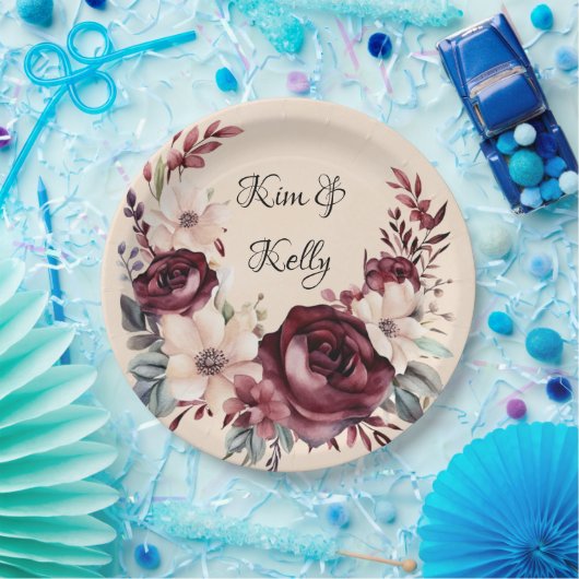 Bourgogne en Cream Waterverf Rozen Bruiloft Papieren Bordje (Feest)