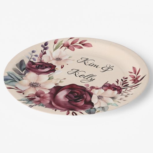 Bourgogne en Cream Waterverf Rozen Bruiloft Papieren Bordje (Gekanteld)
