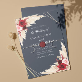 Bourgogne en Donkere usty Blue Wedding Invitation Kaart