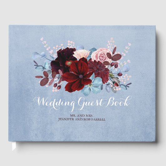 Bourgogne en Dusty Blue Floral bruiloft Gastenboek (Voorkant)