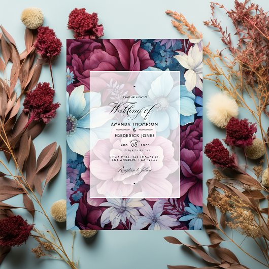 Bourgogne en Dusty Blue Floral bruiloft Kaart