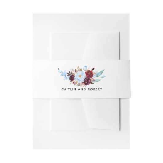 Bourgogne en Dusty Blue Floral bruiloft Uitnodigingen Wikkel (Voorkant Voorbeeld)