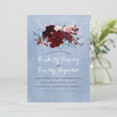 Bourgogne en Dusty Blue Floral Elegant Bruiloft Kaart (Staand voorkant)