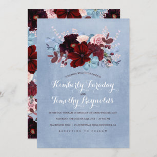 Bourgogne en Dusty Blue Floral Elegant Bruiloft Kaart