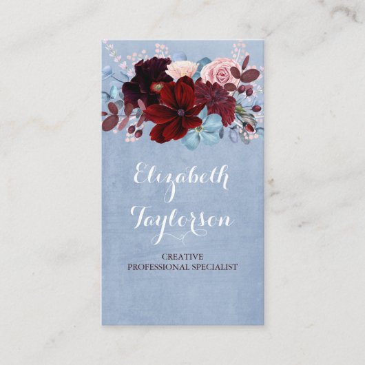 Bourgogne en Dusty Blue Floral Waterverf Visitekaartje (Voorkant)