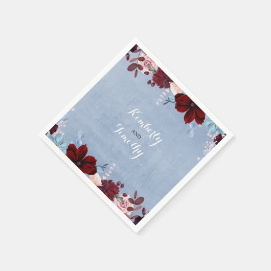 Bourgogne en Dusty Blue Floral Waterverven Servetten (Hoek)