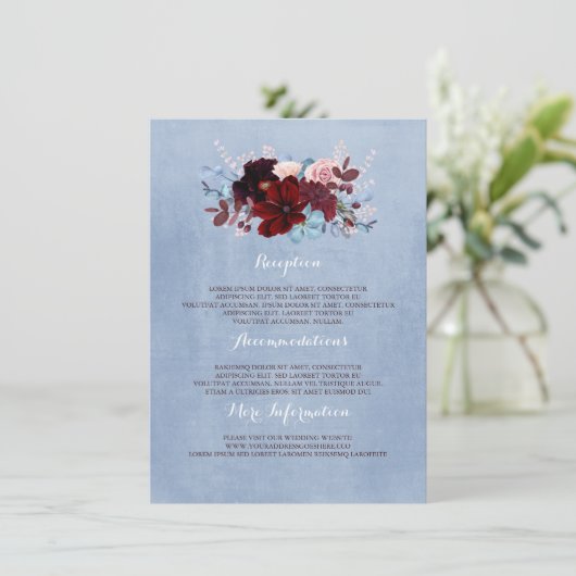 Bourgogne en Dusty Blue Wedding Informatie Gast Informatiekaartje (Staand voorkant)