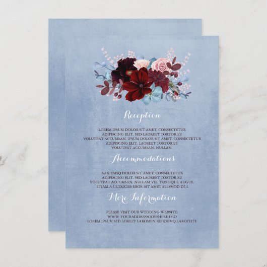 Bourgogne en Dusty Blue Wedding Informatie Gast Informatiekaartje (Voorkant / Achterkant)