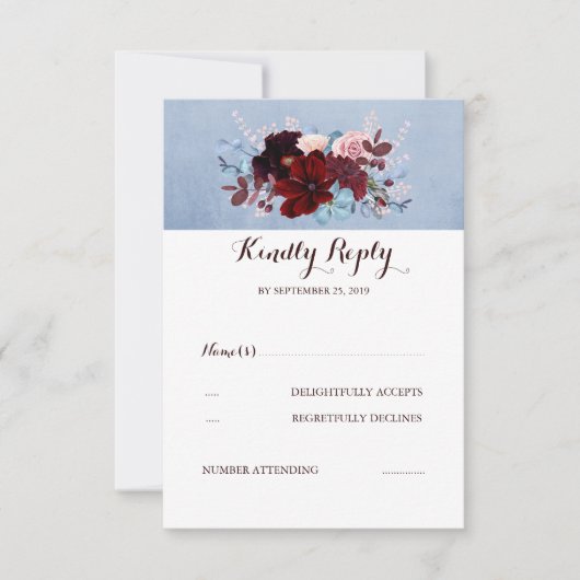 Bourgogne en Dusty Blue Wedding RSVP (Voorkant)