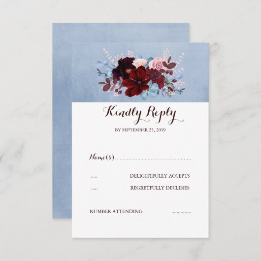 Bourgogne en Dusty Blue Wedding RSVP (Voorkant / Achterkant)
