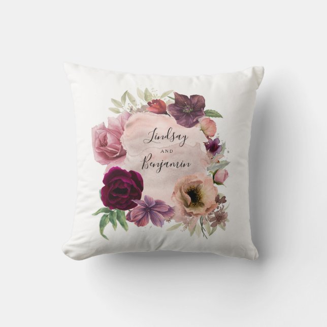 Bourgogne en Dusty Roos  Bloemen Waterverf Kussen (Voorkant)