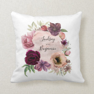 Bourgogne en Dusty Roos  Bloemen Waterverf Kussen