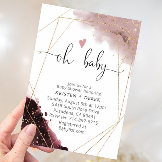 Bourgogne en Dusty Roos Waterverf Baby shower Kaart