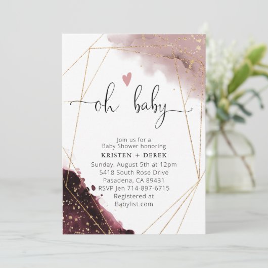 Bourgogne en Dusty Roos Waterverf Baby shower Kaart (Staand voorkant)