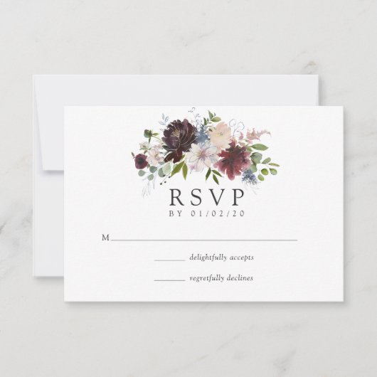 Bourgogne en Floral Wedding RSVP Kaartje (Voorkant)